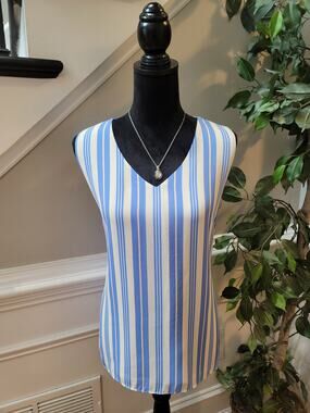 Cato Tank Top Women's Size XL White & Blue Striped Sleeveless V-Neck Blouse